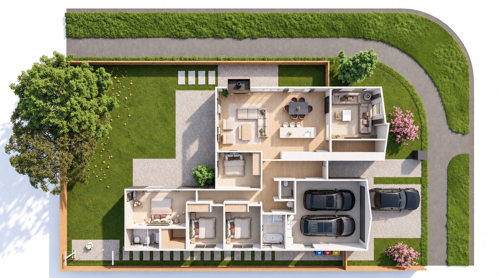 Axonometric view of the four-bedroom home with two living rooms, two bathrooms and double garage