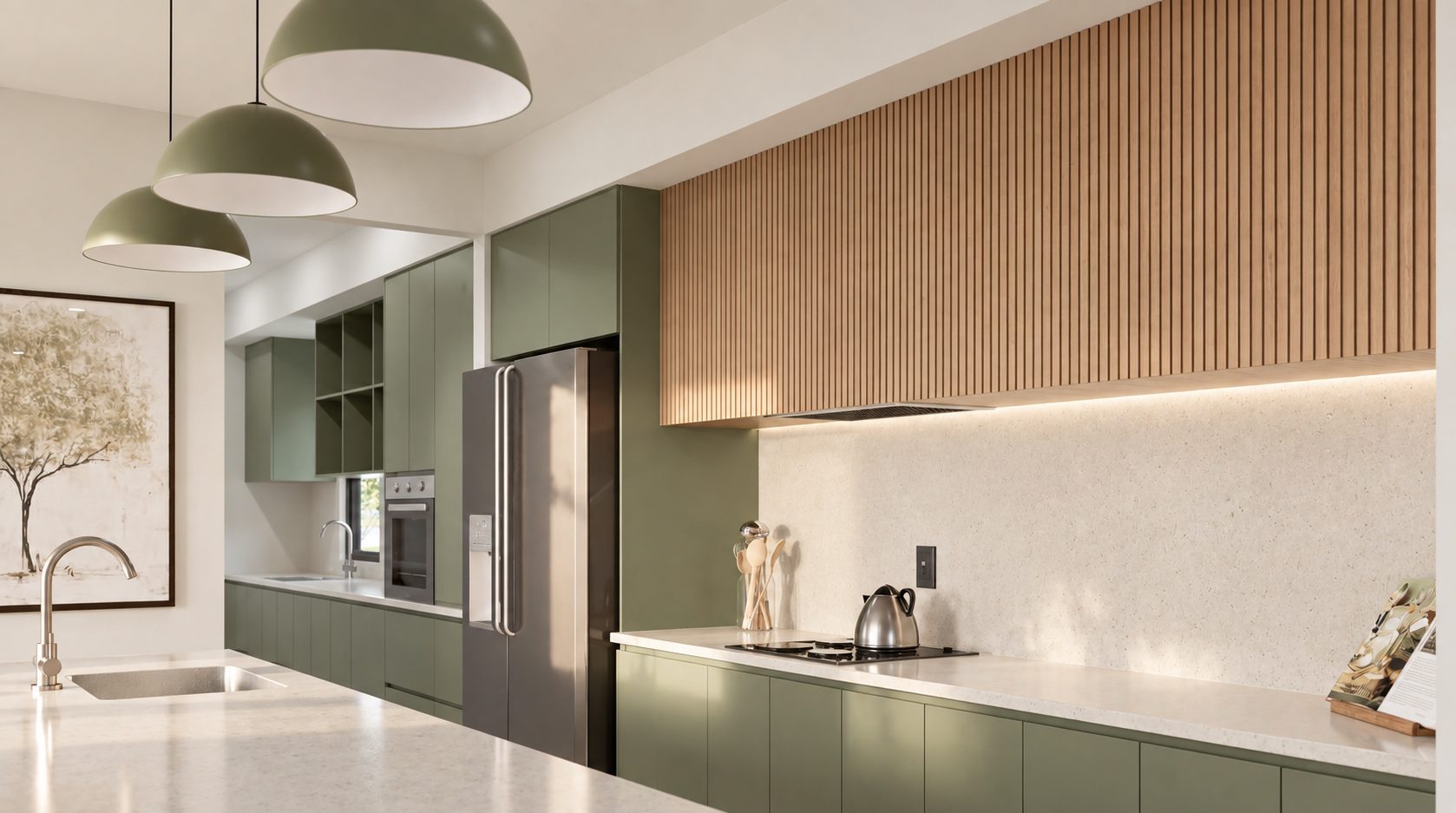 Kitchen with sage green cabinetry and timber battens