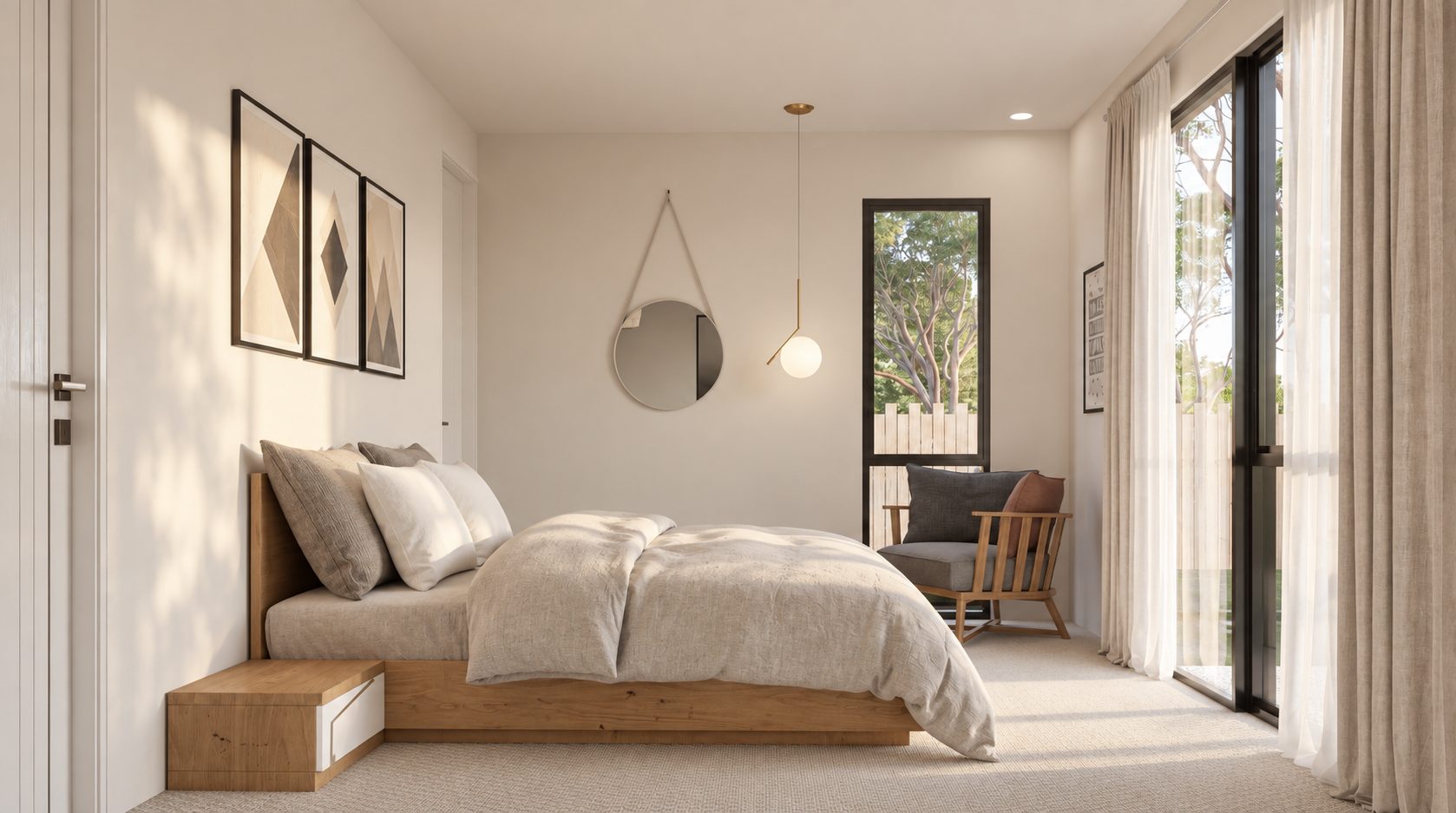 Master bedroom with timber bed and round mirror